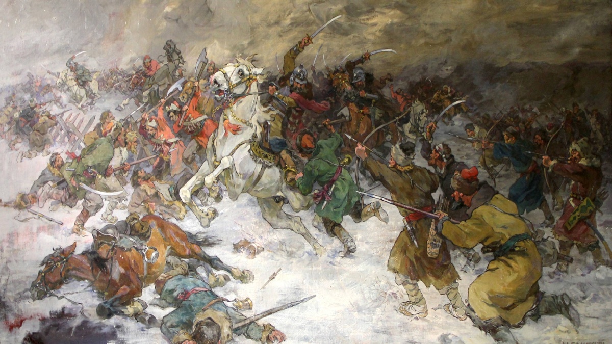 Бой разинцев с правительственными войсками на реке Алатырь. Картина Николая Самокиша (1936)