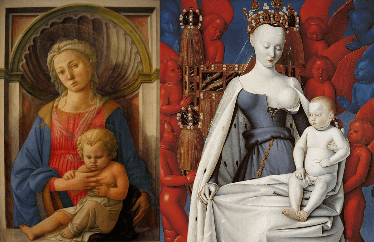 Слева: Филиппо Липпи. Мадонна с младенцем. 1445. Национальная лондонская галерея.