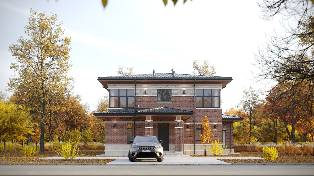 Проект двухэтажного дома в стиле Райта общей площадью 204,8 м². Фото: Конкорд Лайф