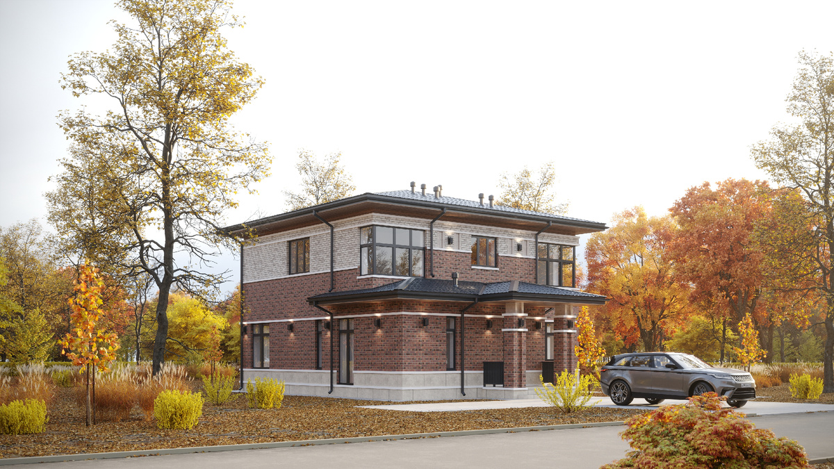 Проект двухэтажного дома в стиле Райта общей площадью 204,8 м². Фото: Конкорд Лайф