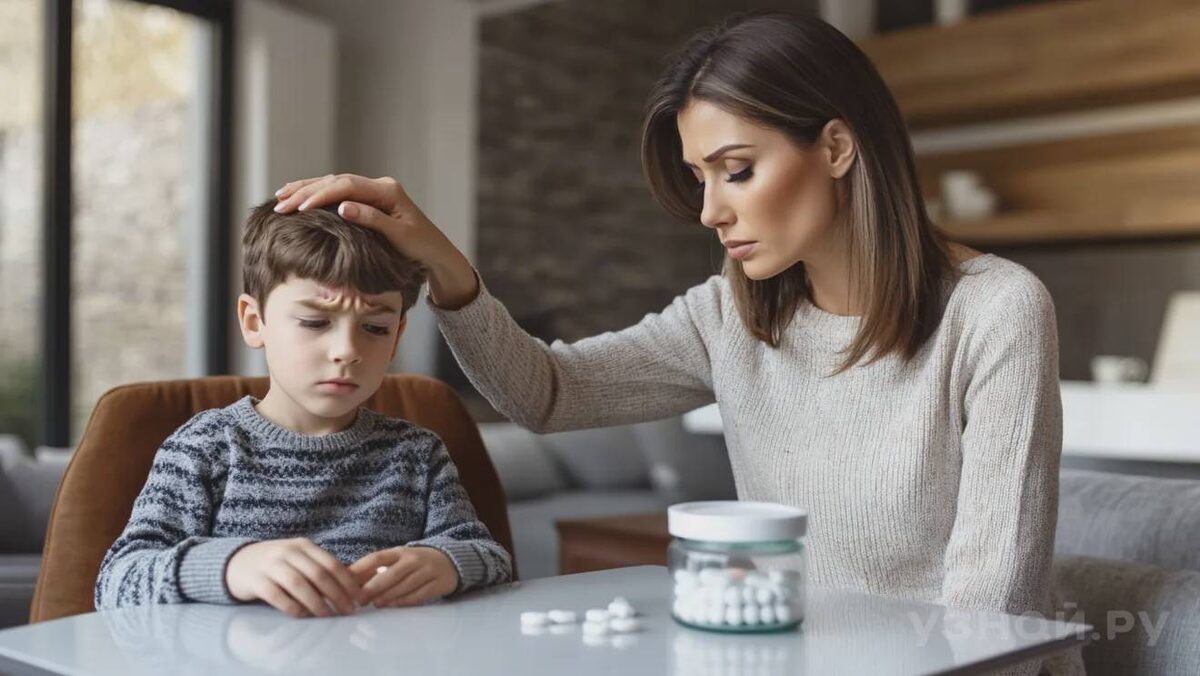     Обеспокоенная женщина дает лекарства ребенку © Изображение создано нейросетью Midjourney