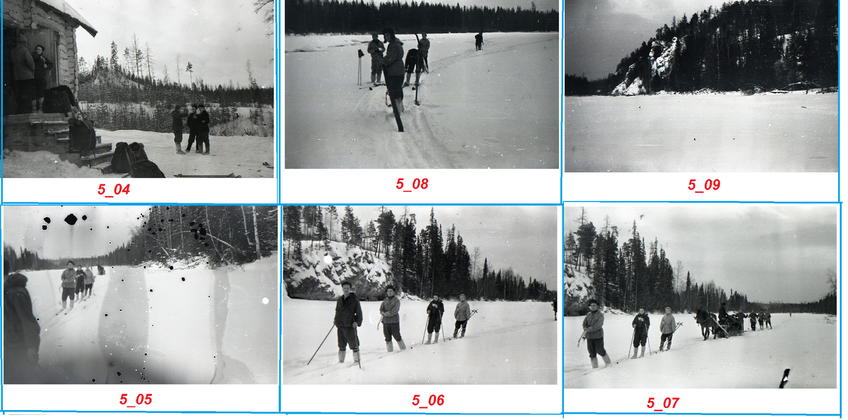 Фото 2. Правильная последовательность кадров. После выхода из 41-го квартала вечером 27 января (кадр 5_04) дятловцы уже в сумерках подошли к Горке перед Ушмой и сделали еще два кадра (5_08 - 5_09). А уже на следующий день, 28 января, переночевав в Ушме, дятловцы сделали кадры у камней-валунов (5_05 - 5_07) - при дневном освещении, немного не доходя до пещеры "Китовая пасть".