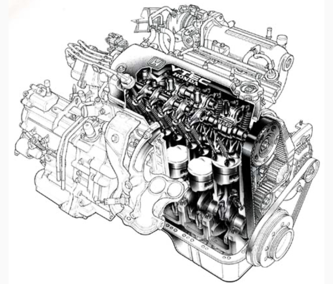 Схематичный рисунок двигателя Хонда D15B. Версия с VTEC.