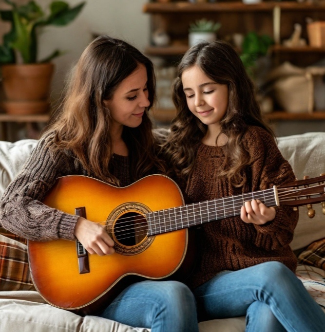 Мама с Викой играют на гитаре