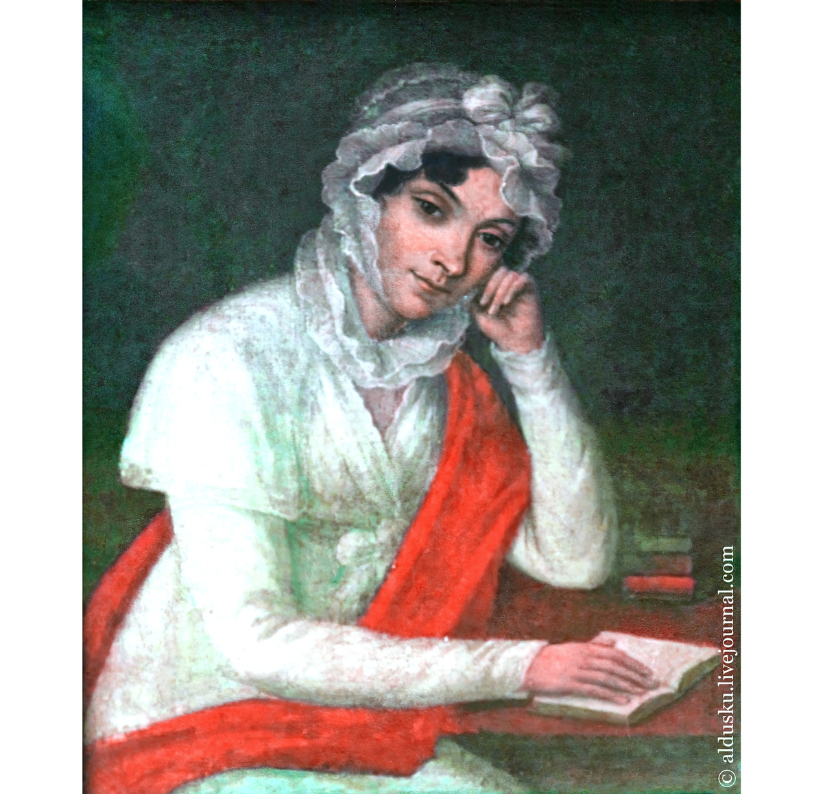 Неизвестный художник (Николай Аргунов?). Портрет неизвестной с красной шалью (Прасковья Ивановна Ковалёва-Жемчугова?). Конец 1810-х–нач. 1820-х (последнее десятилетие XVIII в.?). Источник: https://img-fotki.yandex.ru/get/103922/355626315.30/0_16835d_cdd49b1d_orig.jpg