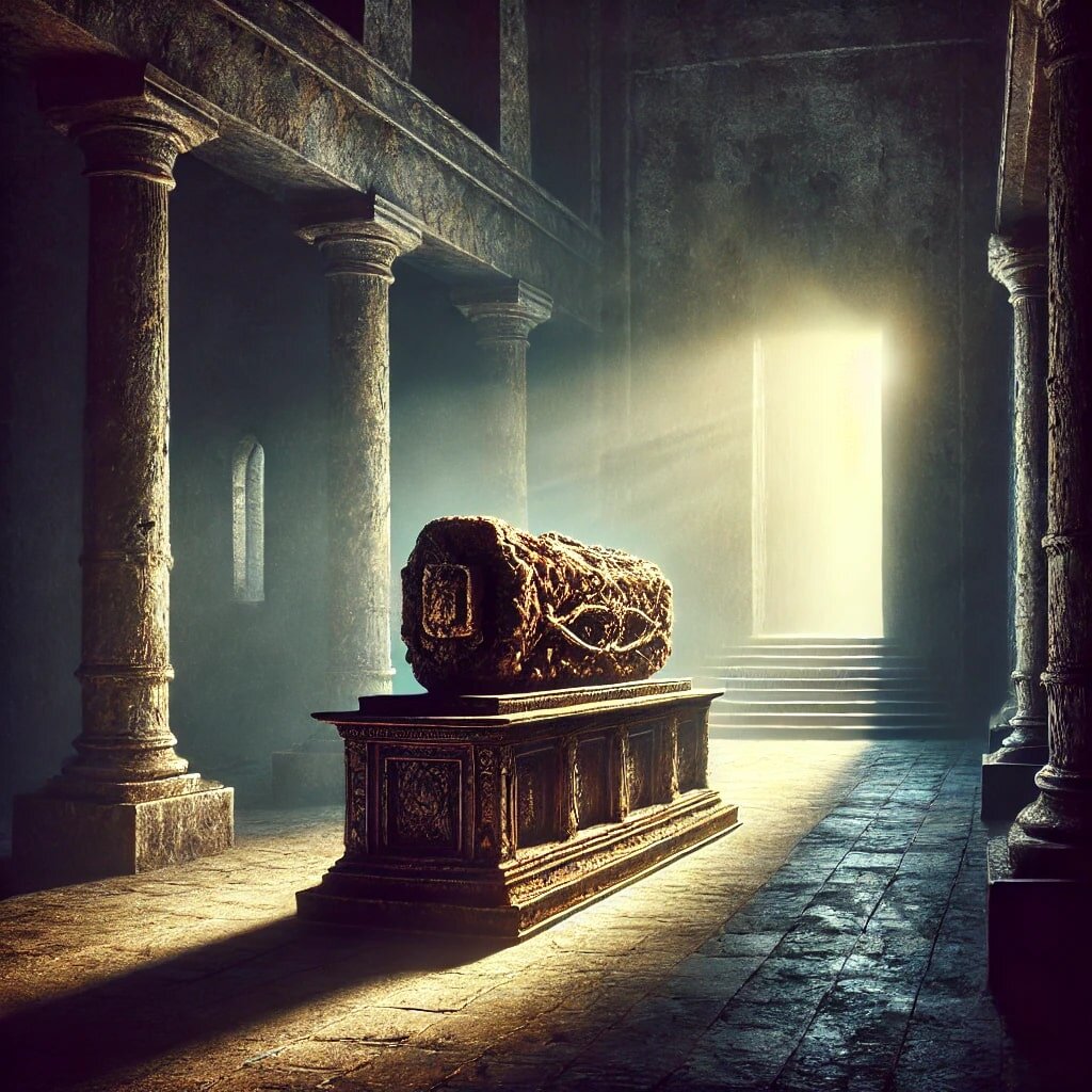 Это изображение символизирует контраст между истинной духовностью и поклонением материальным реликвиям. В центре сцены находится темное, сумрачное помещение, где на постаменте покоится древний реликт, олицетворяющий тщетность поклонения мёртвым объектам. Тени, окружающие этот предмет, создают атмосферу пустоты и мрачности, указывая на бессмысленность привязанности к материальному и земному.

Светлая дверь вдалеке символизирует путь к настоящему духовному просветлению и истине, освещая пространство, словно приглашая оставить мёртвую материю ради поиска истинного света. В изображении отсутствуют фигуры, что подчеркивает безжизненность поклонения материальному в отрыве от искренней духовной связи