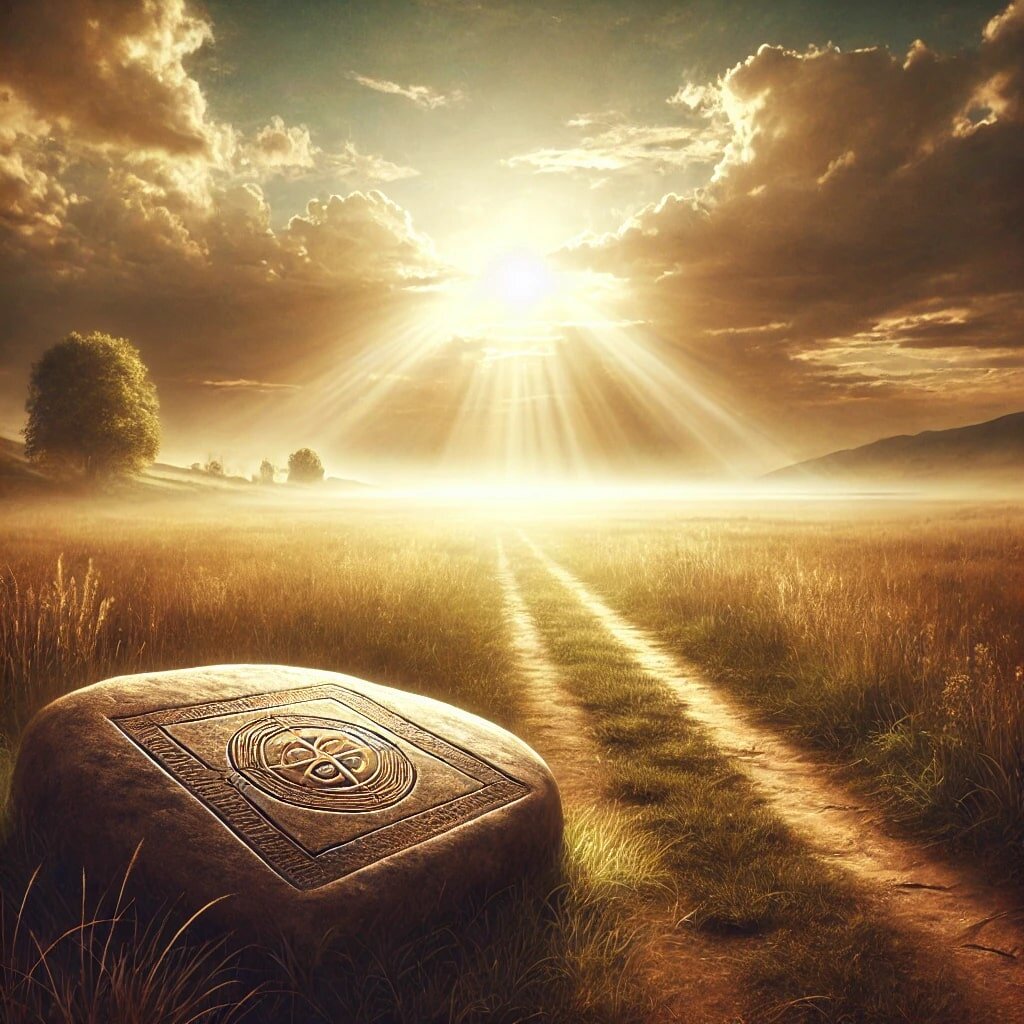 Это изображение, созданное с целью передать ощущение духовного вдохновения и мира, представляющее путь к свету и символизирующее движение к истине и просветлению. В этом пейзаже золотистый свет мягко пробивается сквозь облака, освещая путь, ведущий к горизонту. Камень на переднем плане олицетворяет древнюю мудрость и прочность вечных истин, приглашая к созерцанию и глубокой связи с Духом