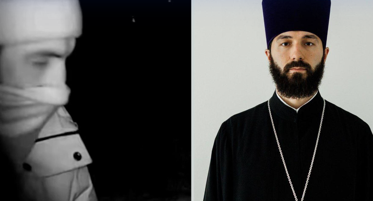 Фото слева: с камеры видеонаблюдения на месте происшествия у подъезда дома на улице Куйбышевской. Фото справа: храм «Большой Златоуст»