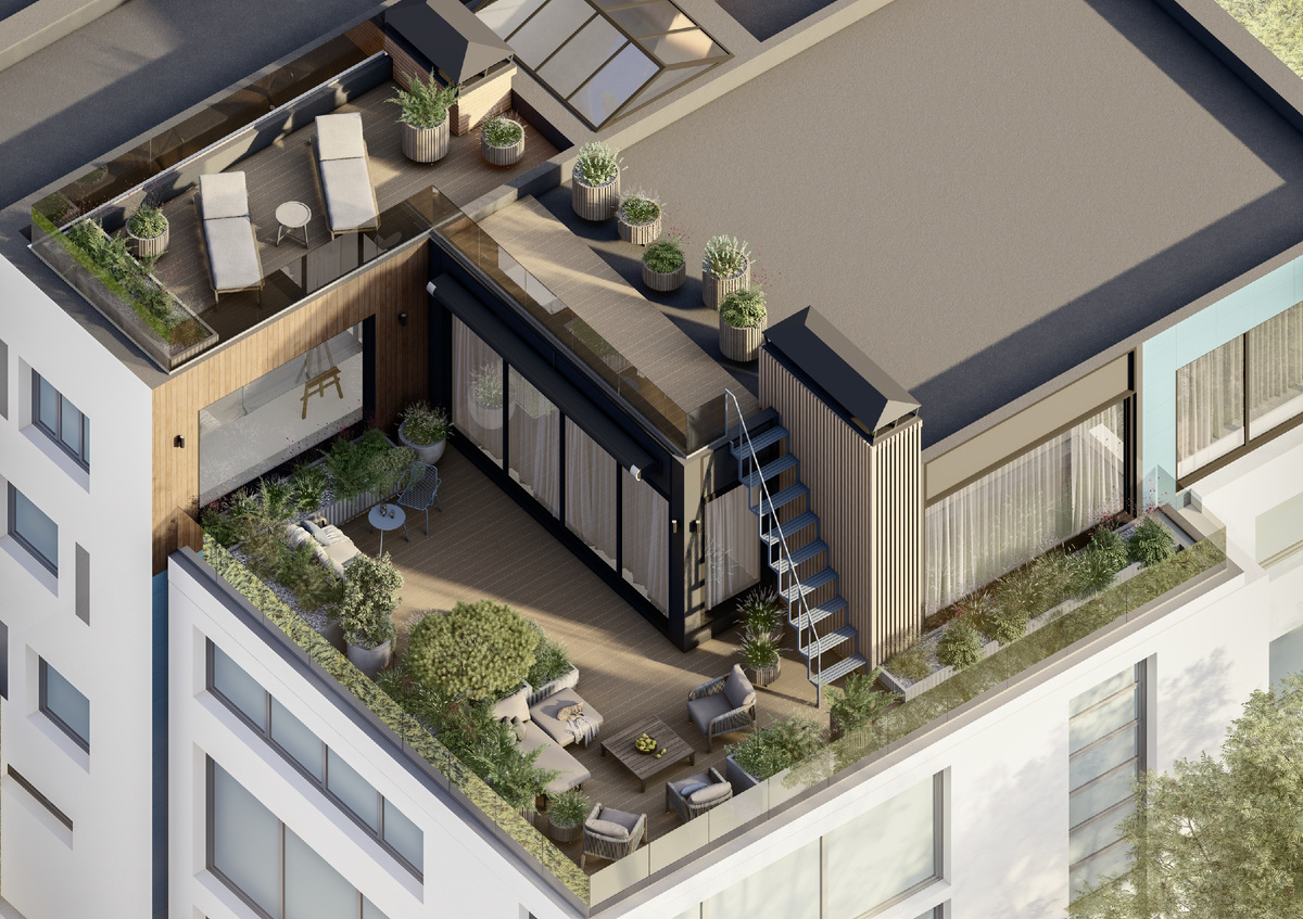 Эксплуатируемая кровля находится на 4 этаже и состоит из двух уровней.