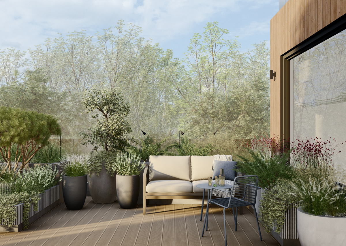 Под выдвижной маркизой располагается уютная зона с диваном и кофейным столиком.