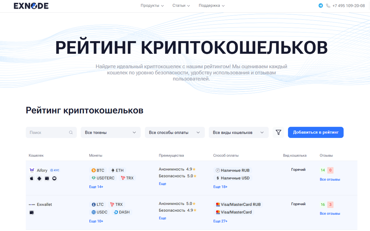 Рейтинг криптокошельков Exnode