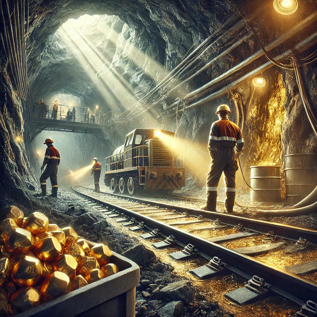 Картина трудоемкого процесса подземной добычи золота с акцентом на технологии и упорство рабочих, в окружении естественного золотоносного слоя