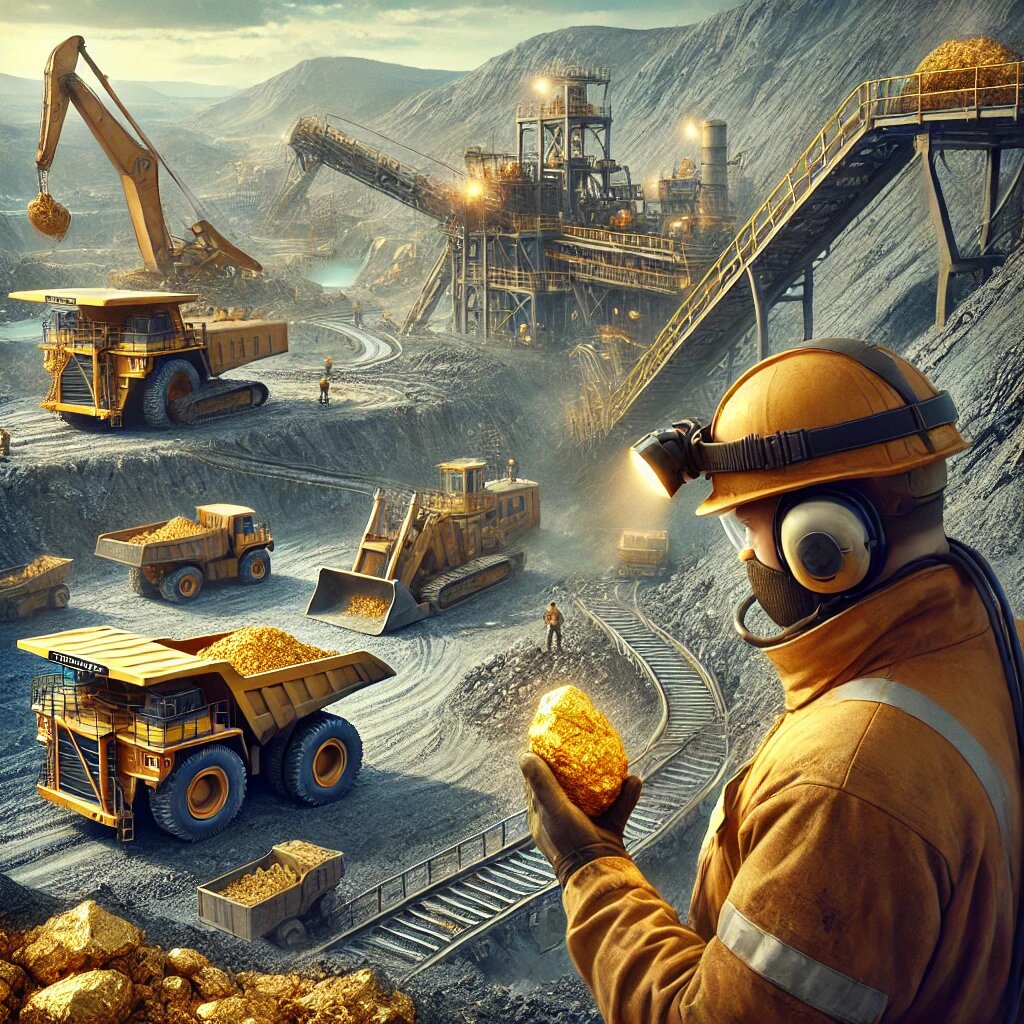  рабочий в защитной экипировке осматривает золотой самородок, на фоне видны конвейеры для переработки руды