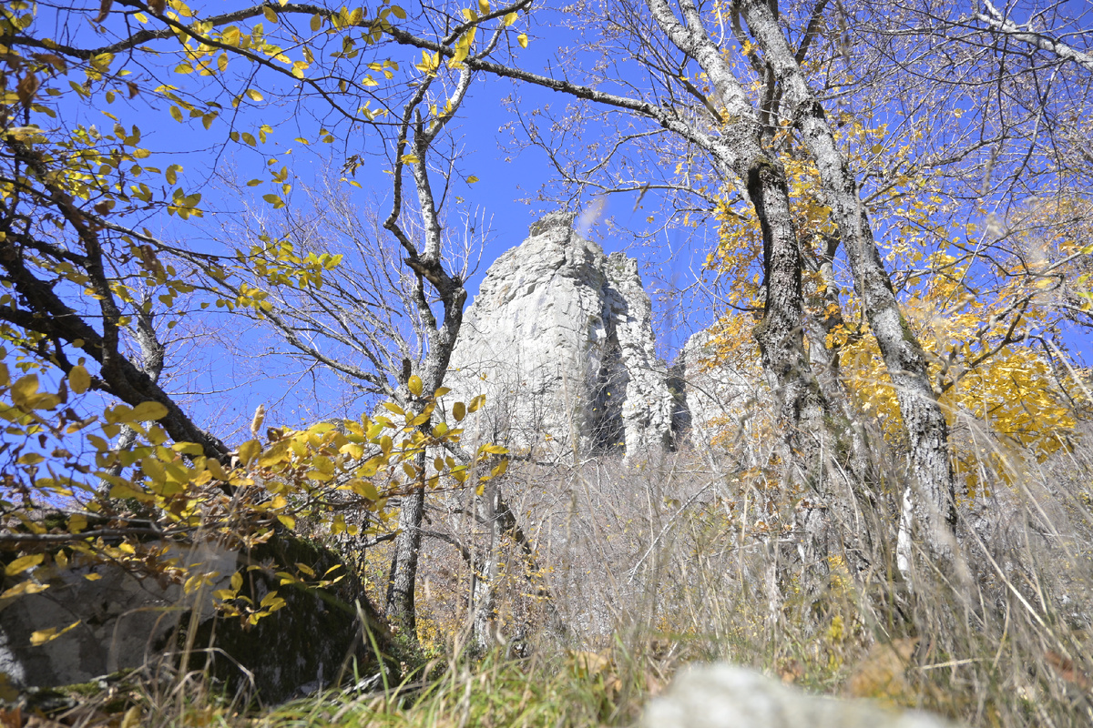 В ращелине на этой скале находится вход в орлиное гнездо, около самой вершины.