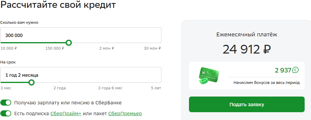 Калькулятор кредита Сбер