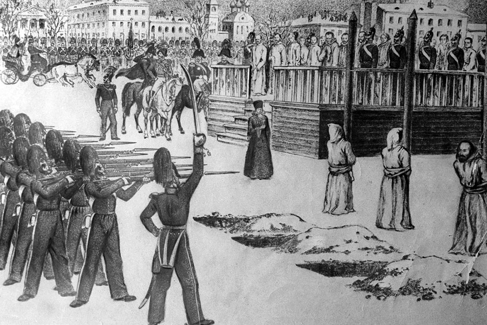    Рисунок Б. Покровского "Обряд казни на Семеновском плацу. 1849". / Wikimedia/Commons