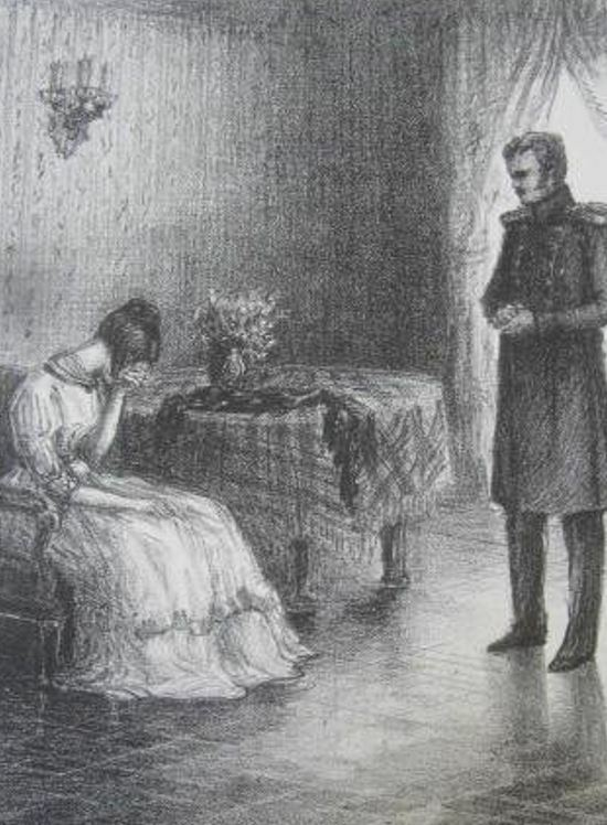 Дмитрий Павлинов. Объяснение Печорина с Мэри. Иллюстрация к роману Михаила Лермонтова «Герой нашего времени». 1940. Государственный музей истории российской литературы им. В.И. Даля, Москва