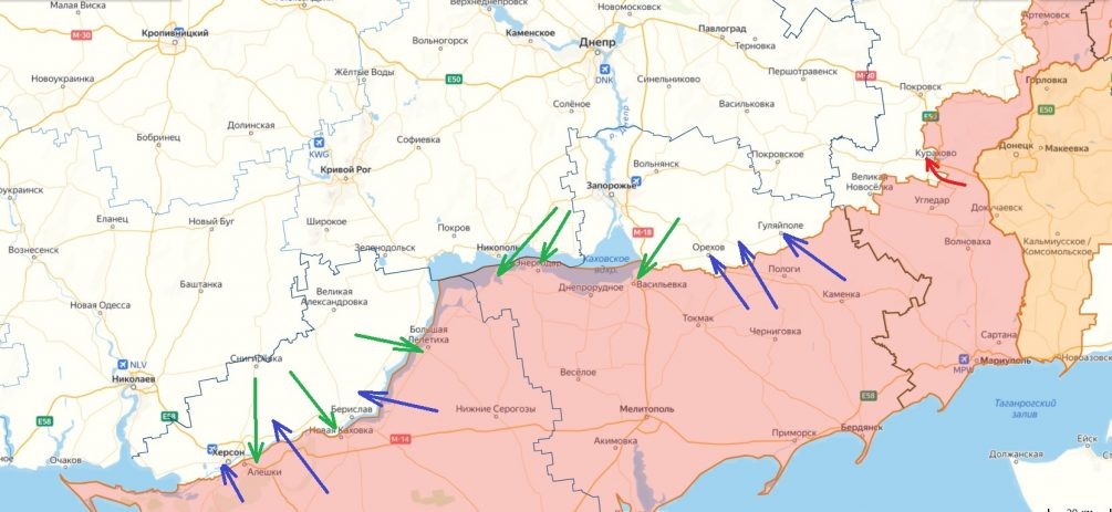    Карта СВО. Синими и зелеными указателями обозначены направления артобстрелов.