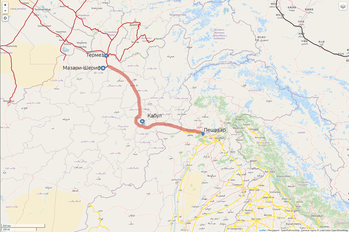 Маршрут ЖД Термез-Пешавар. Сделано на базе openrailwaymap.org