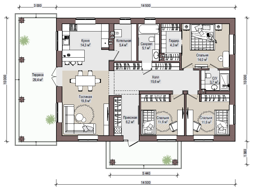                                         Пример планировки одноэтажного дома с 3 спальнями.

С приходом гостей ни о каком дискомфорте не может быть и речи — каждый сможет разместиться с комфортом. В гостевой спальне хозяйская не превращается в зал для гостей, и это важно для сохранения уюта домашней атмосферы.