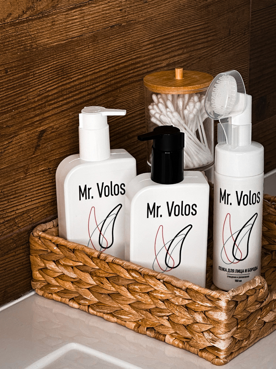 Комплексный уход за волосами и телом от Mr. Volos. Пенка для лица и бороды, Шампунь 3 в 1 для активации роста и восстановления волос, Гель для душа увлажняющий и тонизирующий.