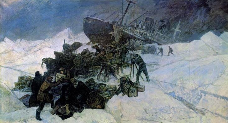 Один из челюскинцев, художник Федор Павлович Решетников (1906-1988), запечатлел гибель парохода. А в 1952 году он станет автором всем нам хорошо знакомой картины «Опять двойка»