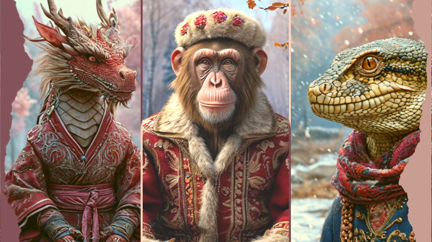 Дракон и Змея - знаки 2024 и 2025 года, а между ними Обезьяна - примиряющий знак