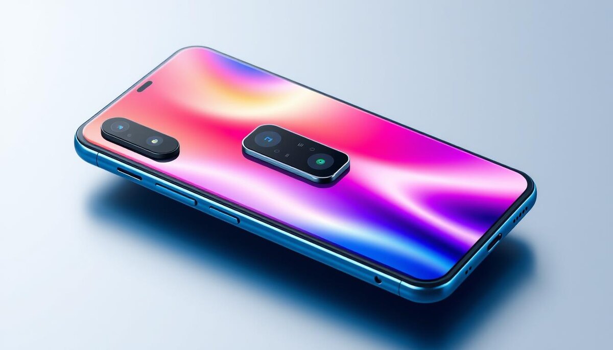 A sleek, modern smartphone with a stunning display, featuring a polished glass back and an elegant camera module design, set against a minimalist background. The device should showcase vibrant colors and innovative