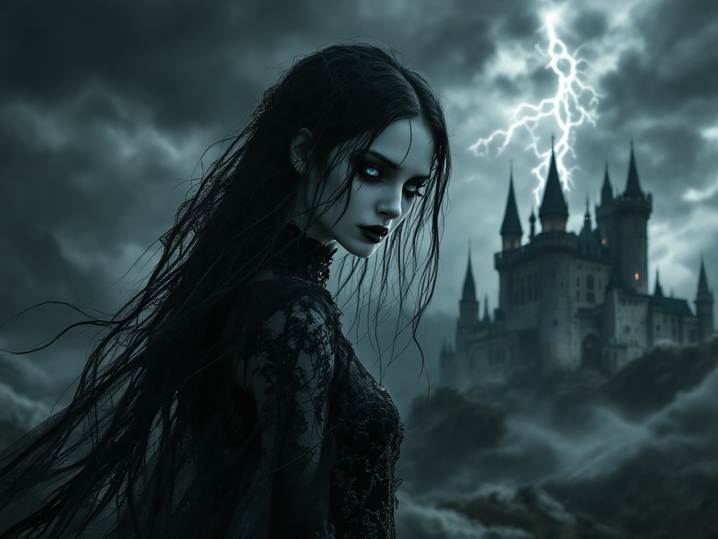 Портрет готической дамы в платье из черного бархата с кружевными деталями