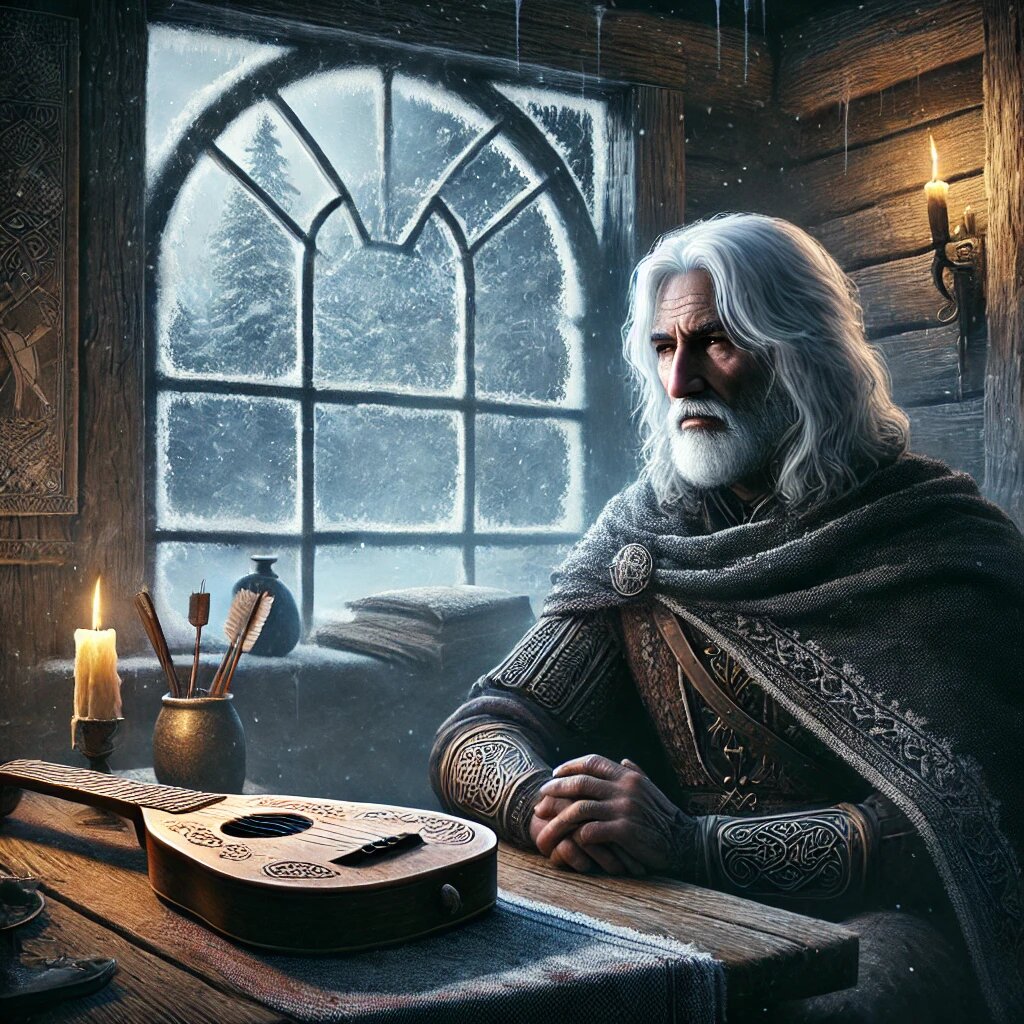 Бард Остролист в задумчивости — мелодия еще не сложена, но вдохновение уже шепчет с каждым снежным узором за окном