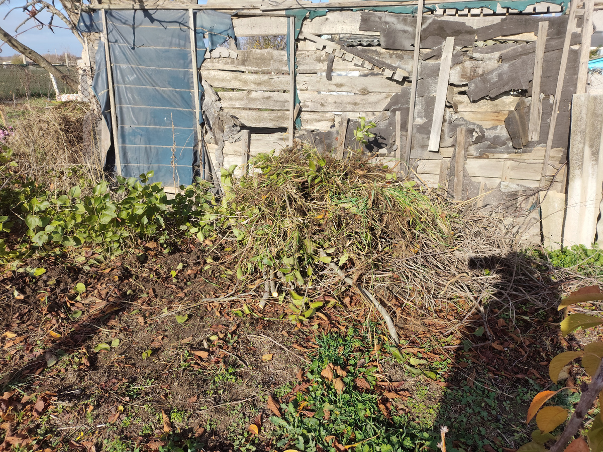 Куча. Снизу ветки, сверху пырей и корни сирени