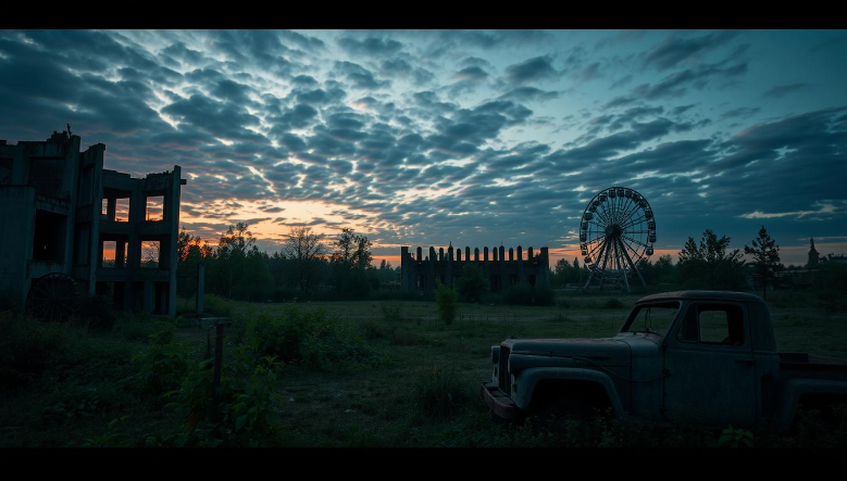 Призрачно-пустынный пейзаж Чернобыльской зоны отчуждения с осыпающимися бетонными конструкциями, заросшими природой, жуткими брошенными автомобилями, ржавеющими на переднем плане, сюрреалистическим сумеречным небом, наполненным зловещими облаками, отбрасывающими длинные тени, и отдаленным видом на культовое колесо обозрения Припяти, частично скрытое по листве.
