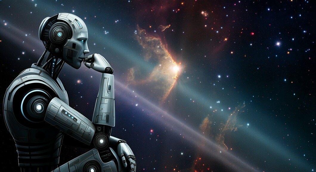 ИИ-генератор, shutterstock.com. Робот, размышляющий о мироздании