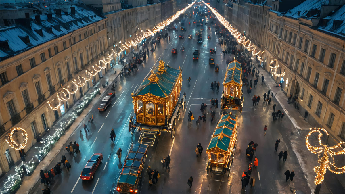 Кареты, звёзды, фигуры сказочных персонажей — всё это словно оживало в лучах подсветки, илюстрация автора статьи