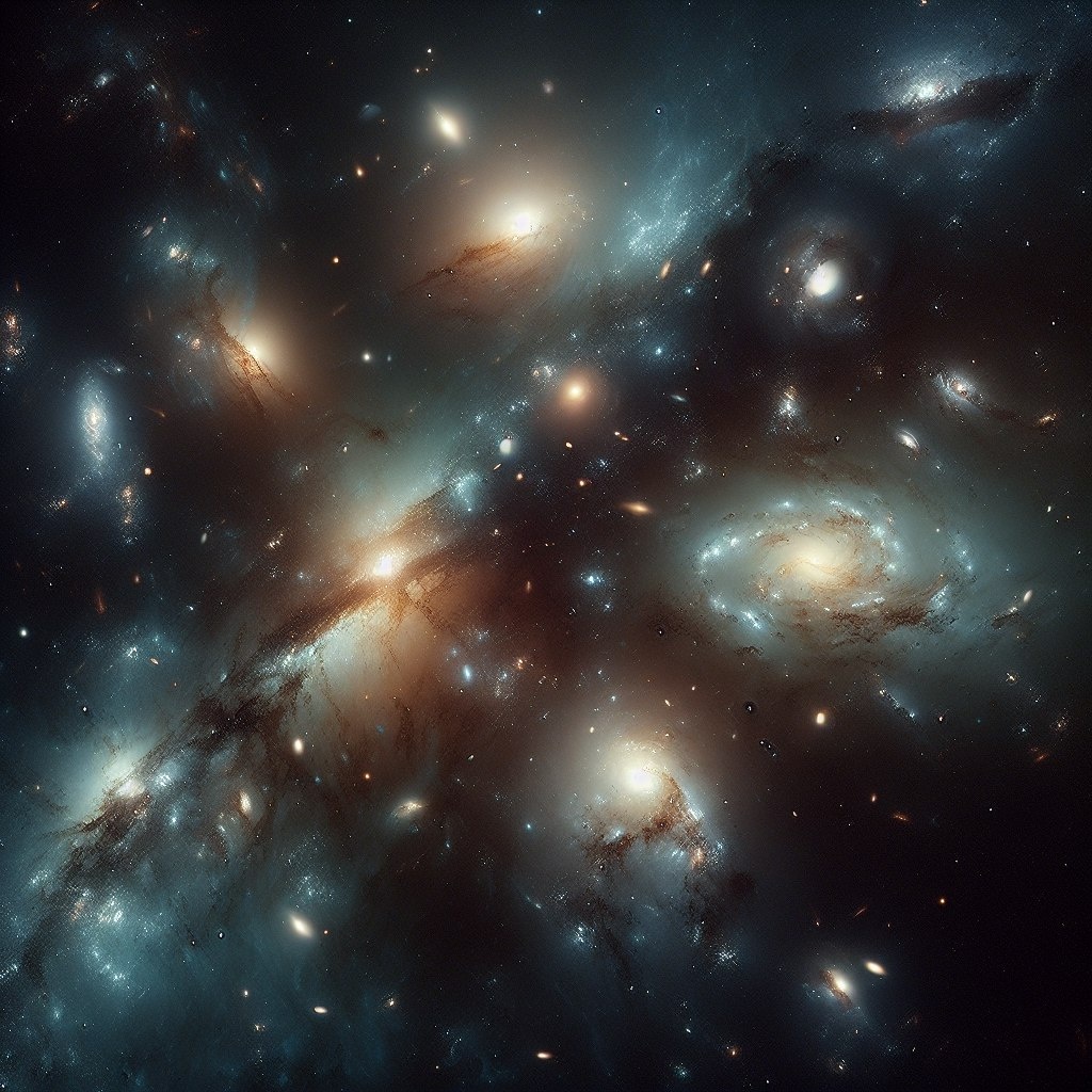 Представление DAll-E 3 о том, как могли выглядеть галактики миллиарды лет назад.