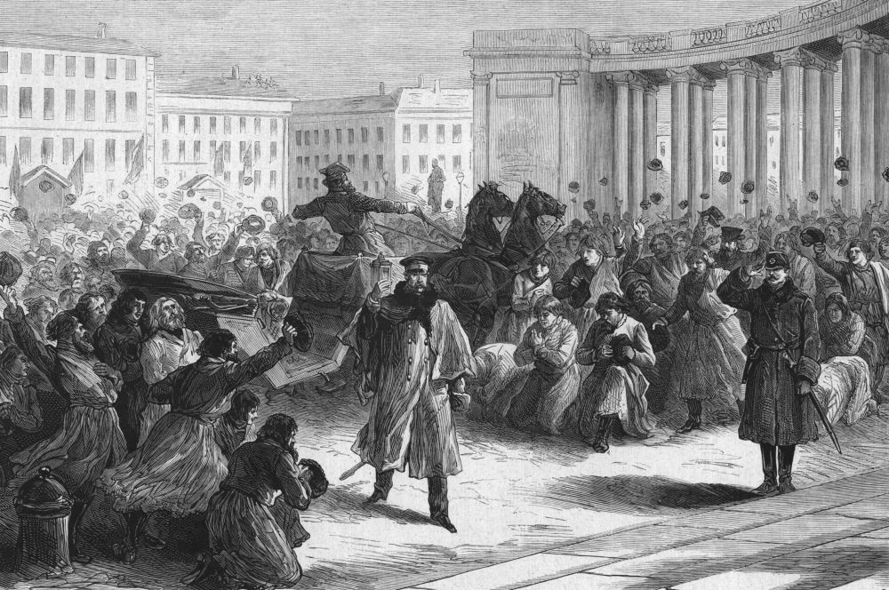    Фредерик де Ханен. Александр II у Казанского собора в Санкт-Петербурге. 1879 г. Гравюра. Фрагмент.