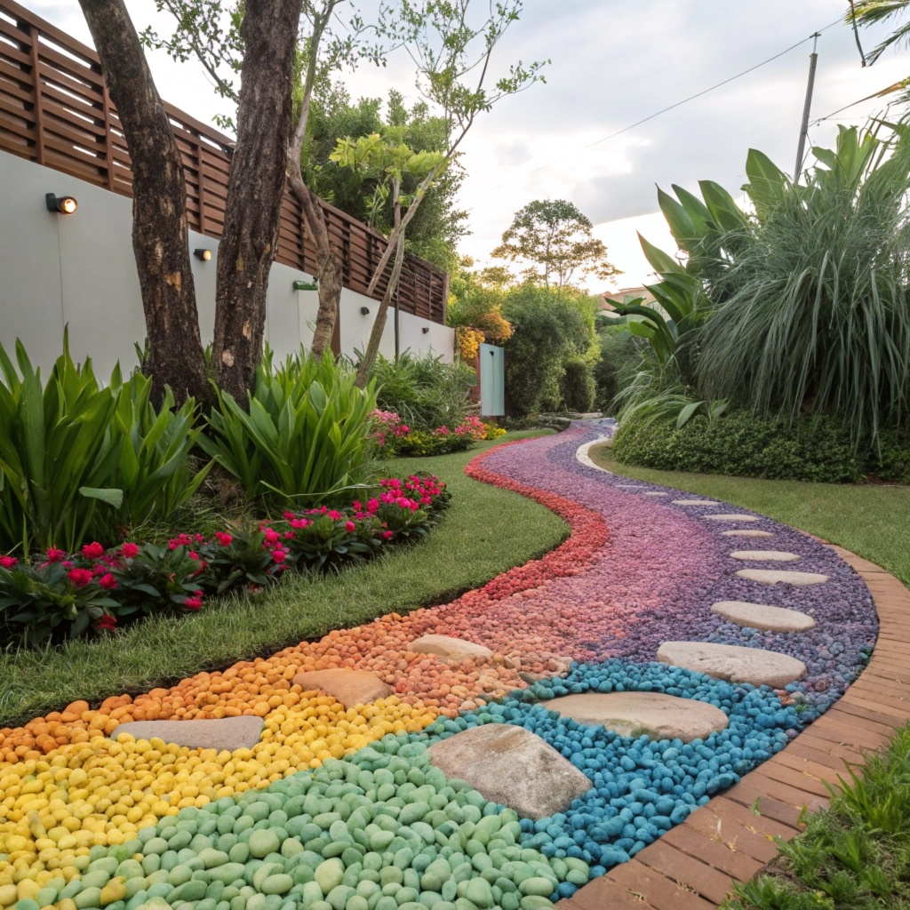  Дорожка из красного, белого и чёрного щебня на фоне зелёной травы.