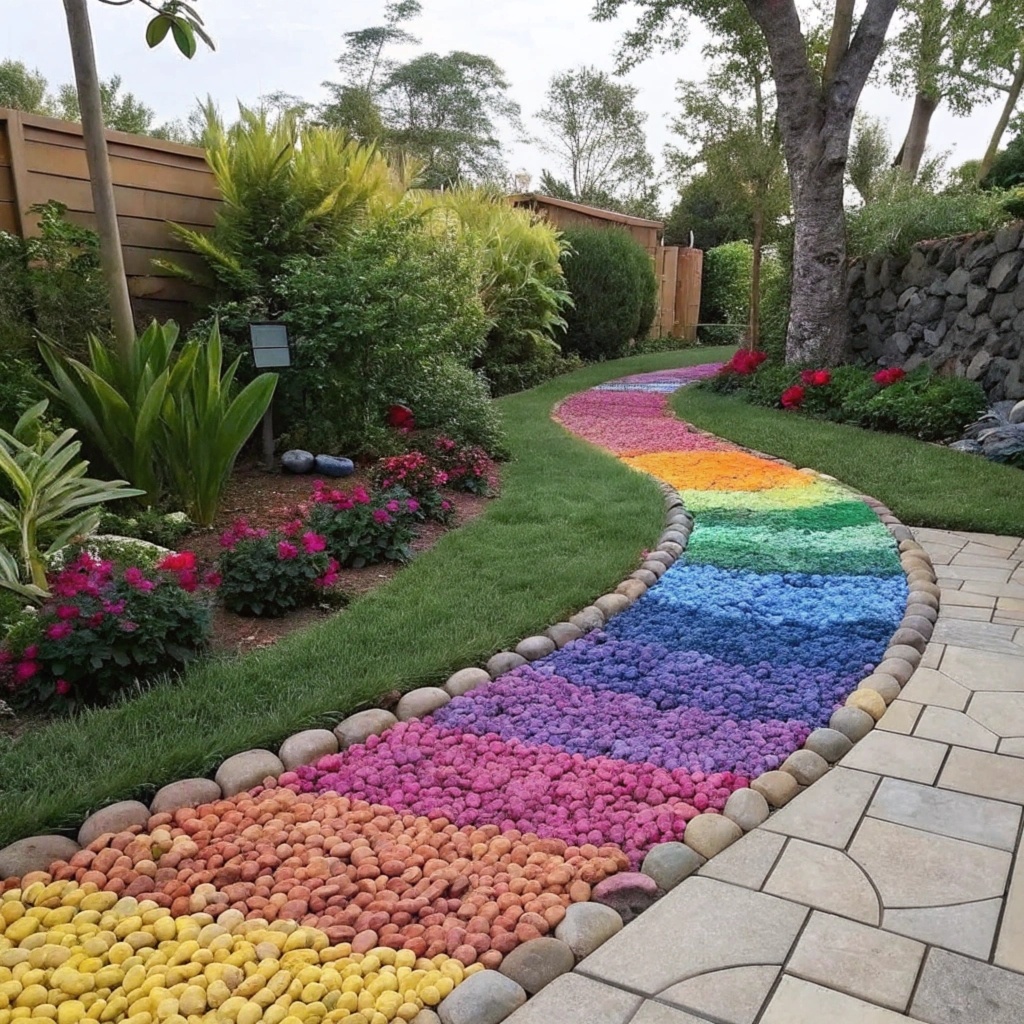  Дорожка из красного, белого и чёрного щебня на фоне зелёной травы.