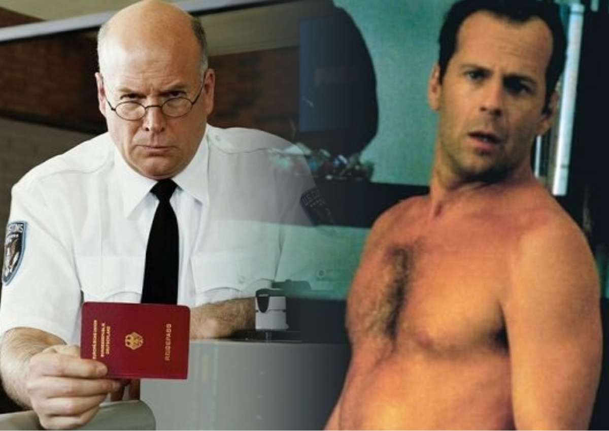 Коллаж из таможенника и Брюса Уиллеса из фильма "Цвет ночи"