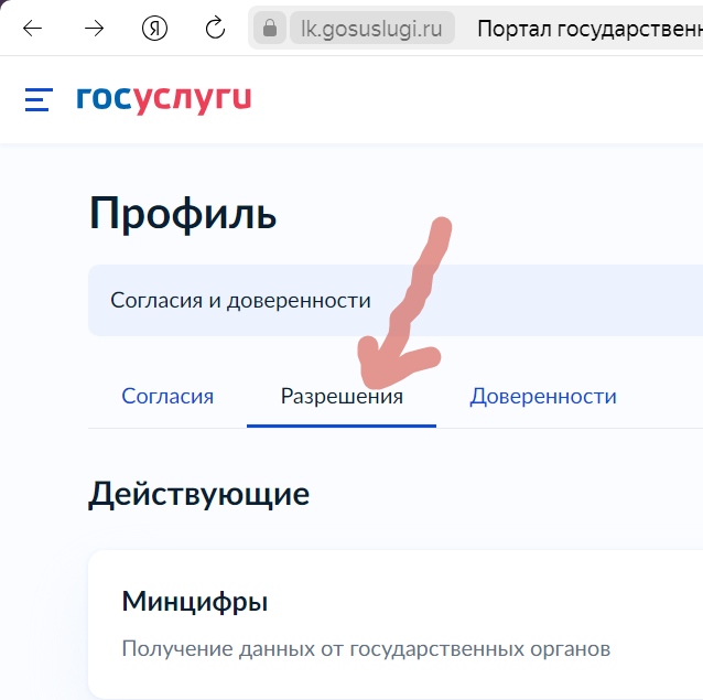 Если хотите отозвать согласие у организаций, нужно зайти в профиль и открыть вкладку "Разрешения"