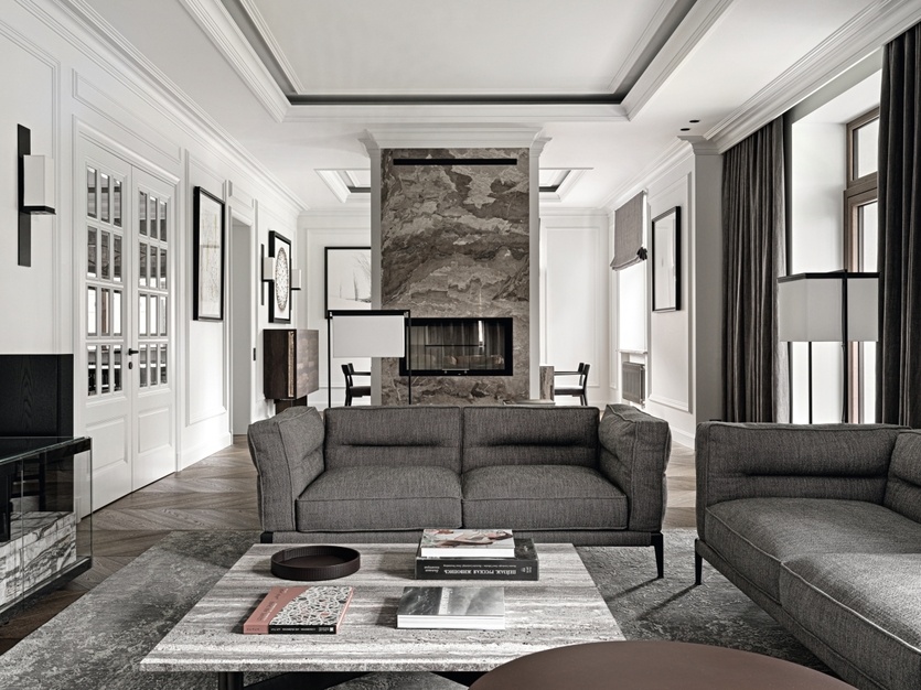 Вид из гостиной на единую общественную зону. Фасад камина декорирован серым мрамором, который перекликается с фактурой журнального столика Henge с мраморной столешницей. Двери с витражными стеклами и филенками, Giovanni Visentin.