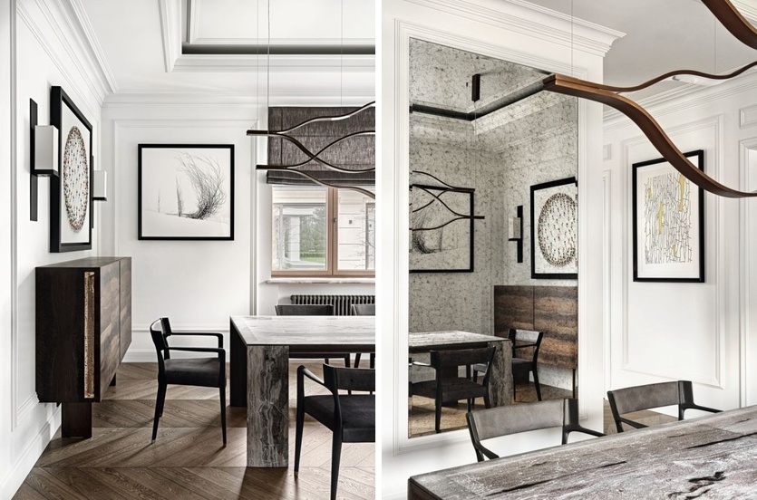 Столовая группа в единой общественной зоне. Классический декор стен с лепными элементами, зеркалами и паркетом, уложенным «елочкой», становится идеальным фоном для фактурной и брутальной современной мебели Henge — обеденного стола, кресла, буфета-консоли и светильника Henge в виде изогнутых реек, перекликающегося с акцентной живописью.