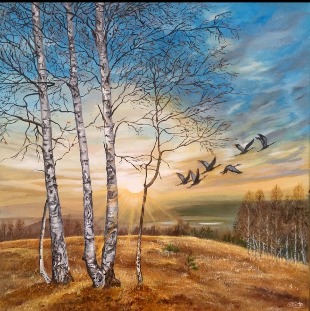 Картина маслом 40х40."Журавли летят на юг".
