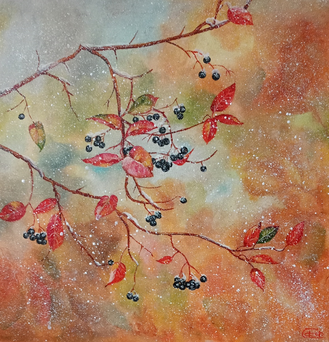 Картина маслом 40х40 "Первый снег"