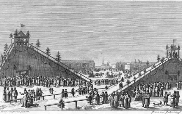 Катальные горки на Неве. Гравюра из книги П.П. Свиньина «Достопамятности Санкт-Петербурга и его окрестностей». 1816. Фото: https://vk.cc/cFpb3J
