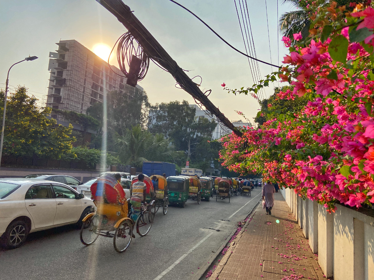 Пробка из машин и велорикш на дороге