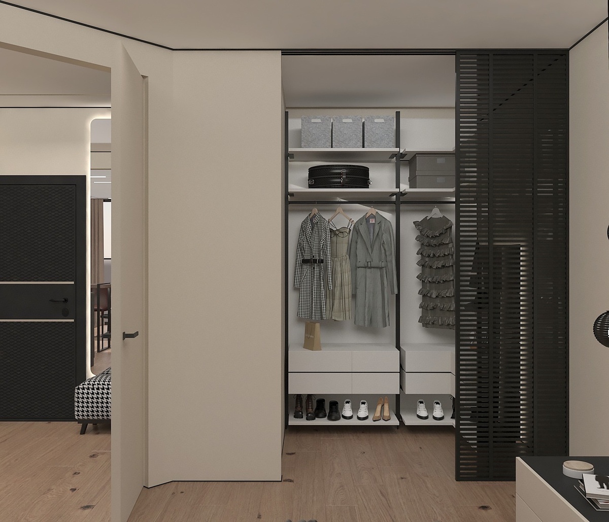 Гардеробная в квартире. Источник kozachkova.design 