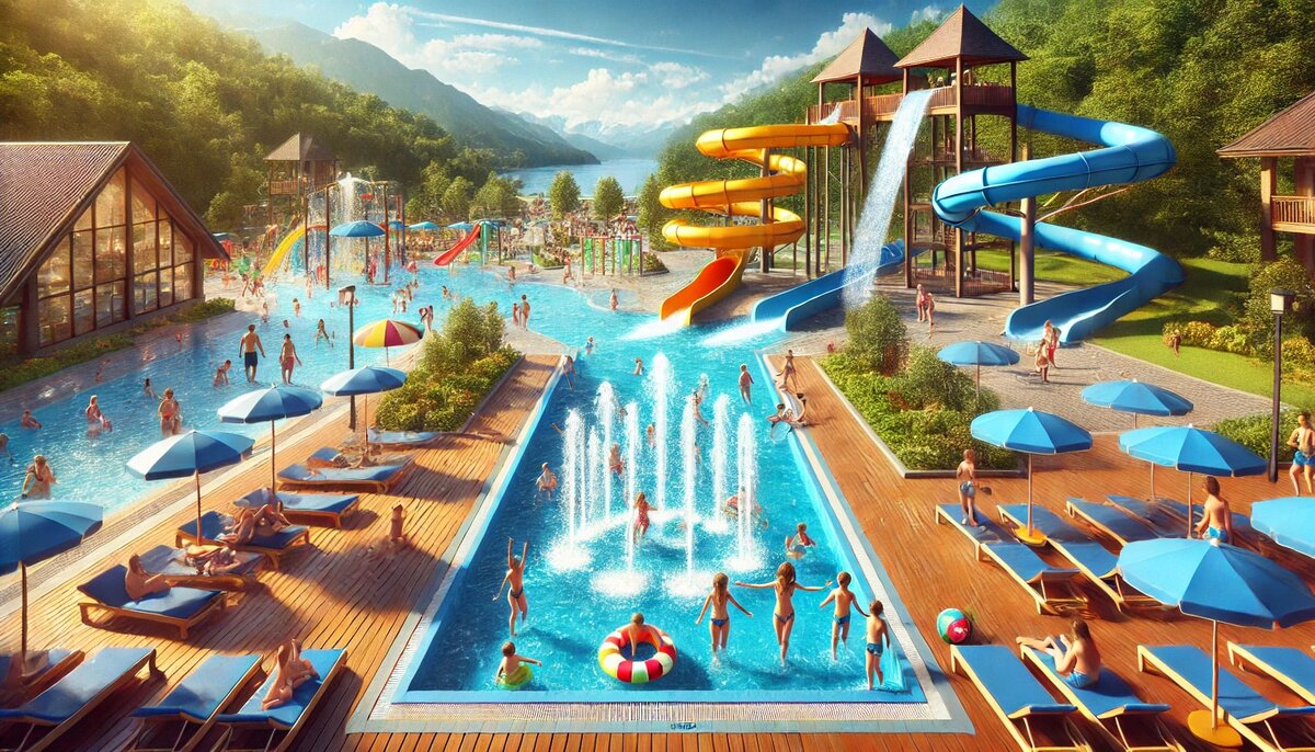 Фотография показывает один из лучших аквапарков в Сочи, созданный для семейного отдыха с детьми. На снимке яркие водные горки, фонтанчики и мелкий бассейн, где дети весело играют и плещутся. Родители расслабляются на шезлонгах под зонтами. На заднем плане зелень и ясное небо создают атмосферу безопасности и веселья.