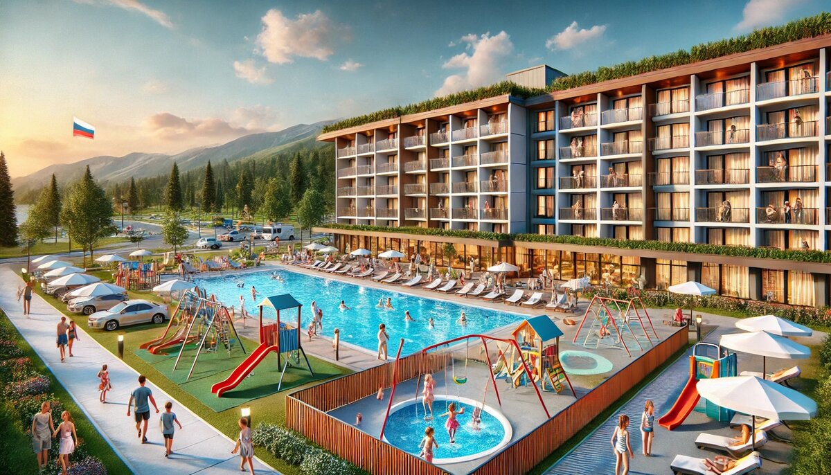 Фотография изображает семейный отель в Сочи, идеально подходящий для отдыха с детьми. На снимке современный отель с просторным открытым бассейном, детской площадкой с качелями и горками, а также зелёный сад для прогулок. Дети играют на безопасной игровой зоне, а родители отдыхают у бассейна. Природа и ясное небо подчеркивают уют и удобства для семейного размещения.