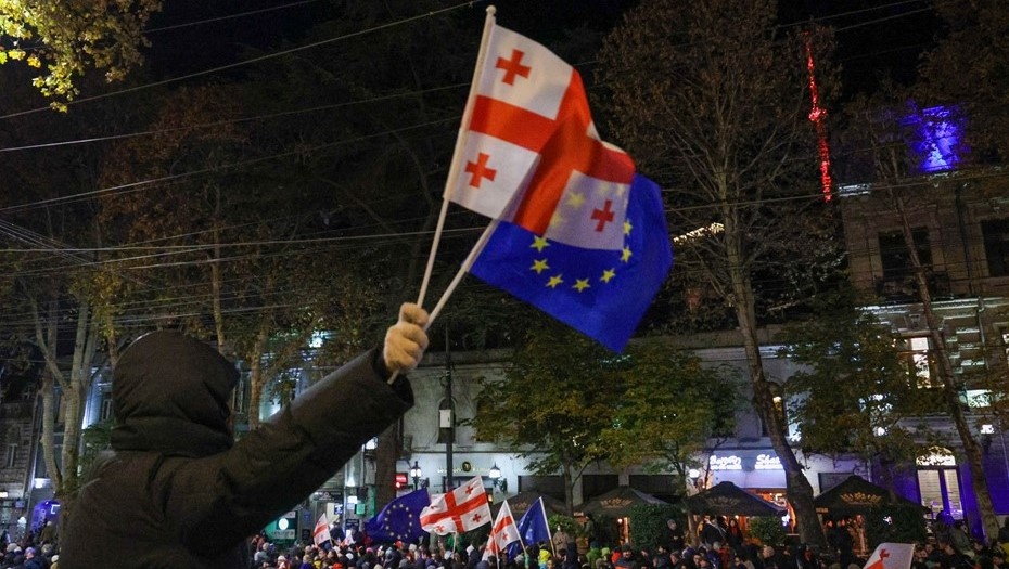    Митингующие с флагами Грузии и Евросоюза Автор фото: Александр Патрин / ТАСС